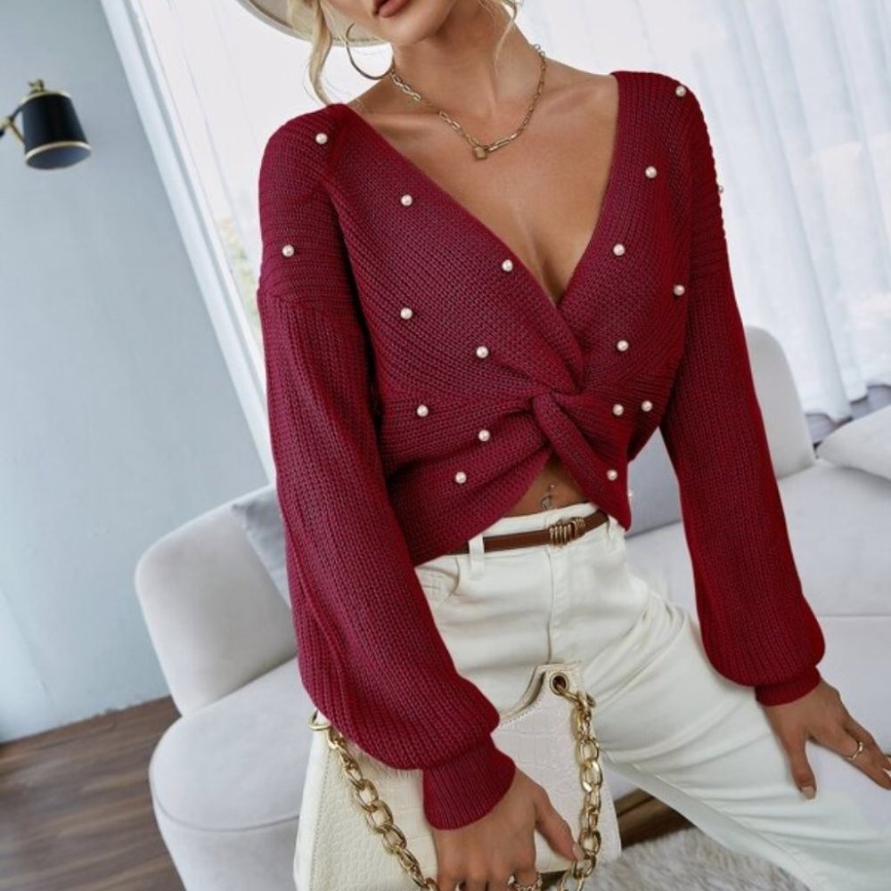 Burgundy Reversible Twist Knit Sweater Top - Picture 5 of 8